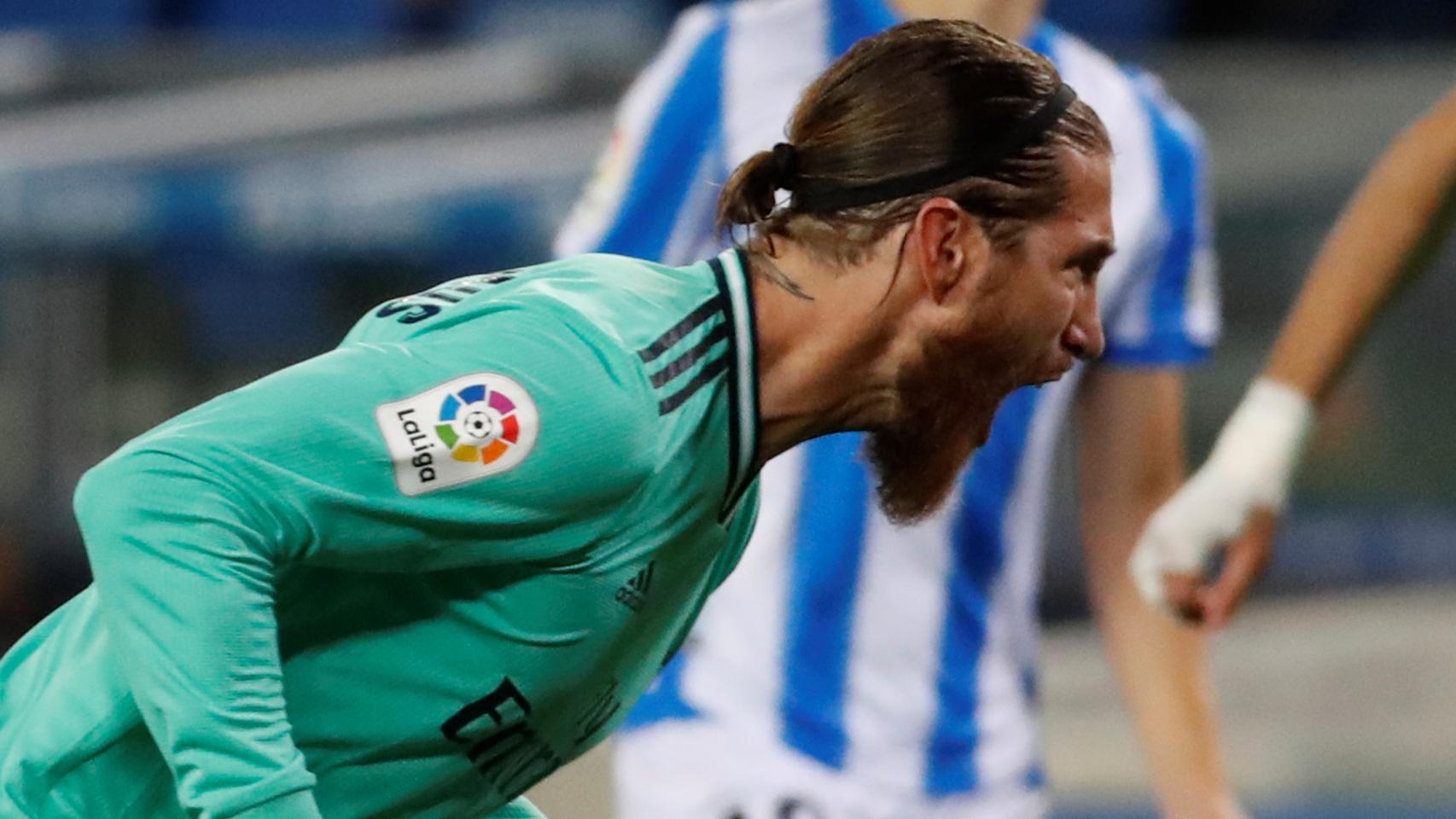 Sergio Ramos celebra su gol de penalti contra la Real Sociedad