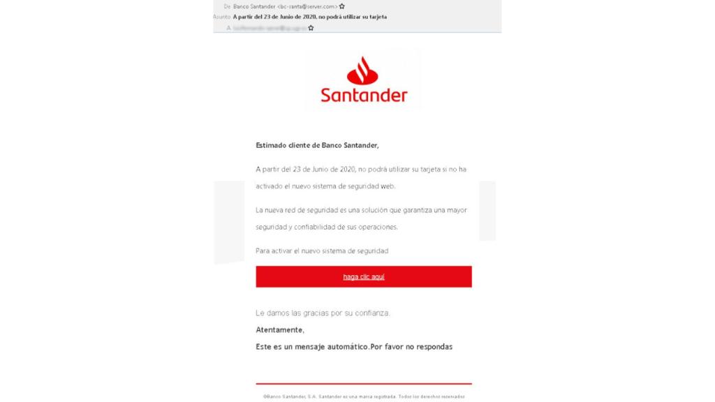 Captura del mail recibido.