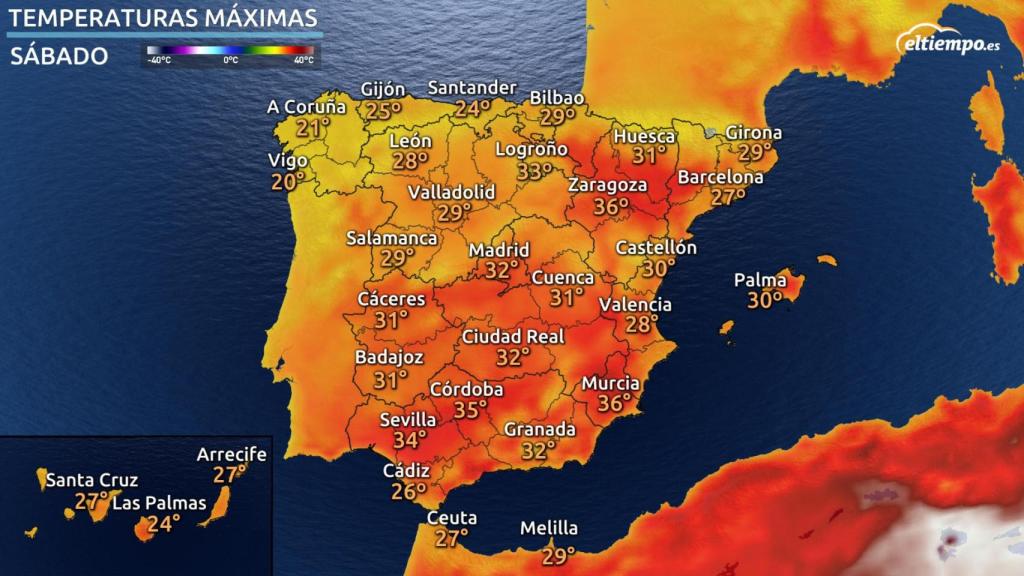 Temperaturas máximas para el sábado 27 de junio de 2020. Eltiempo.es