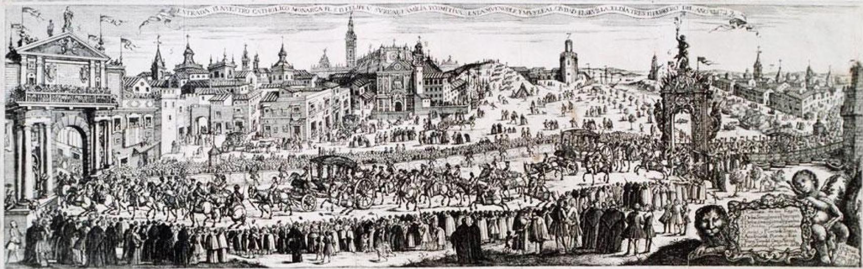Entrada de Felipe V y su comitiva en Sevilla, según un grabado de Pedro Tortolero.