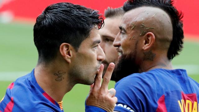 Luis Suárez celebrando uno de los goles del Barça ante el Celta