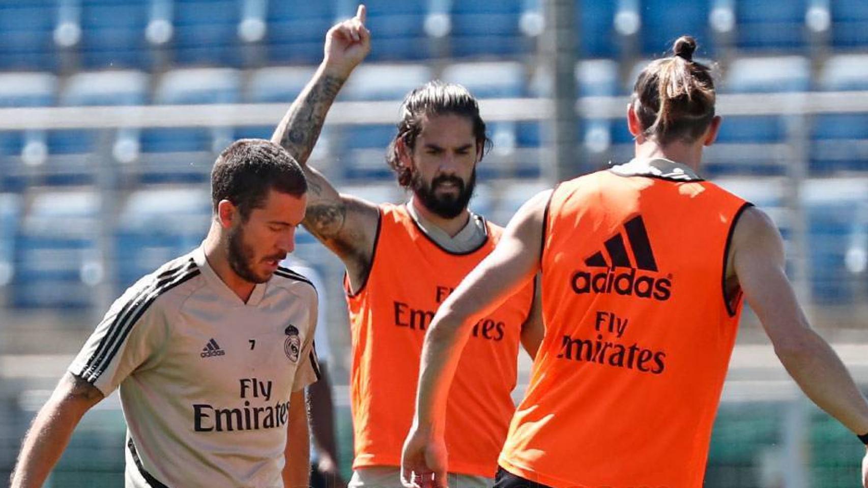 Hazard, Isco y Bale durante un entrenamiento del Real Madrid