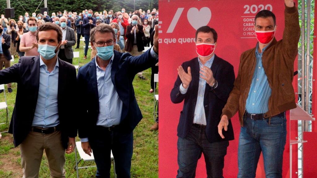 Pedro Sánchez junto a Gonzalo Caballero y Pablo Casado con Alberto Núñez Feijóo.