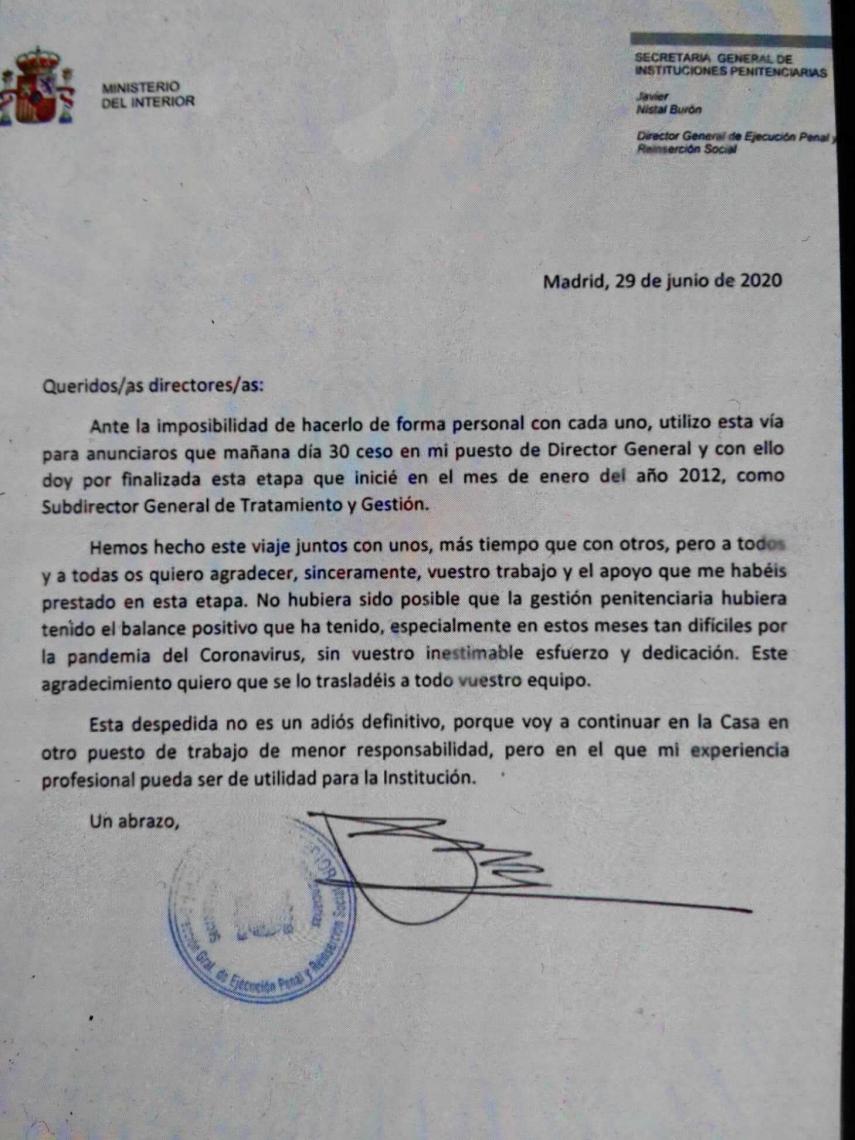 Carta de despedida de Javier Nistal.