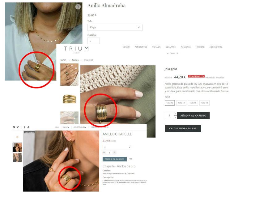 Arriba, captura de la web de No Ni Na, debajo, las web de Trium Jewelry y By Lia.