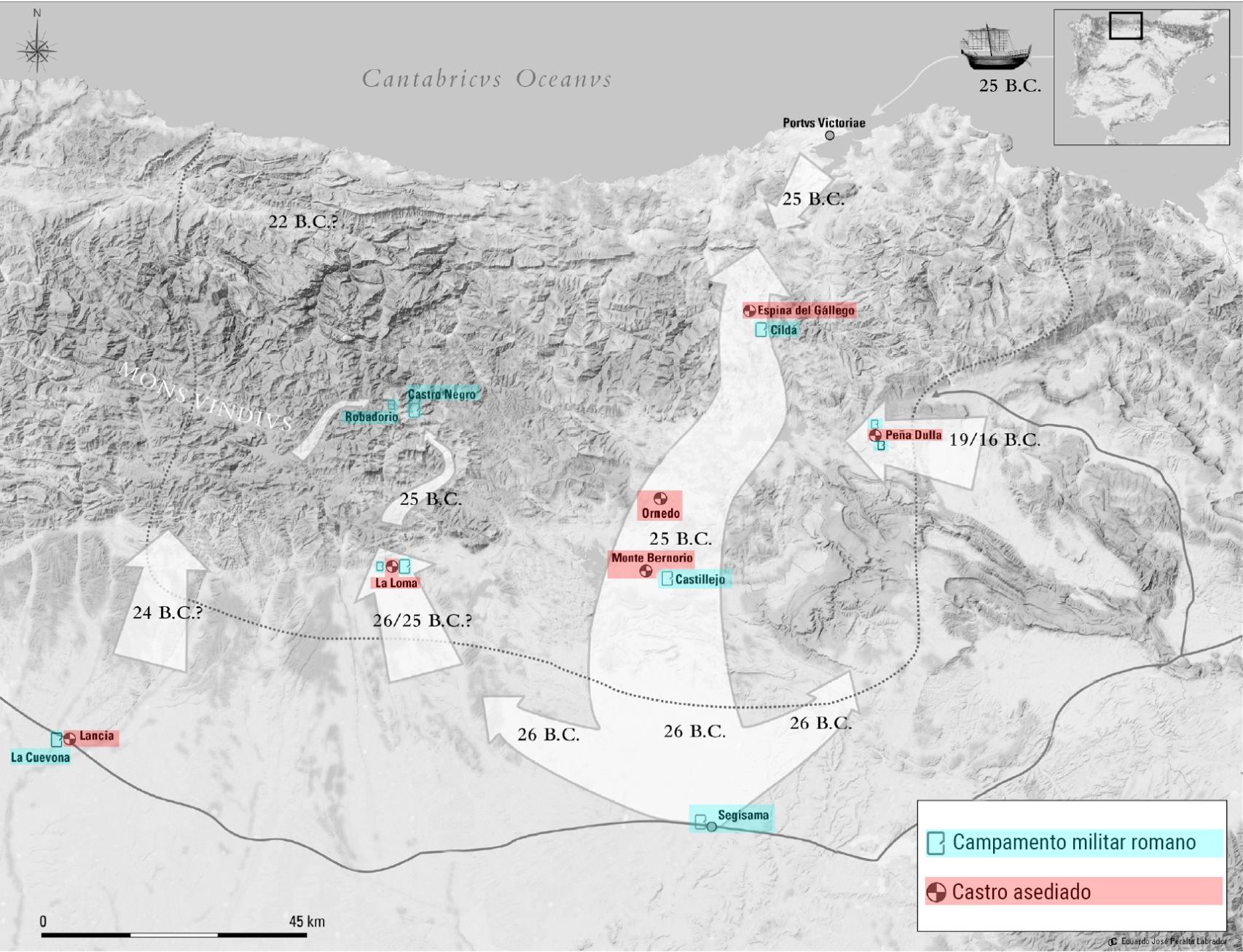 Algunos de los campamentos romanos y castros asediados más importantes en la zona de Cantabria y norte de Castilla y León.