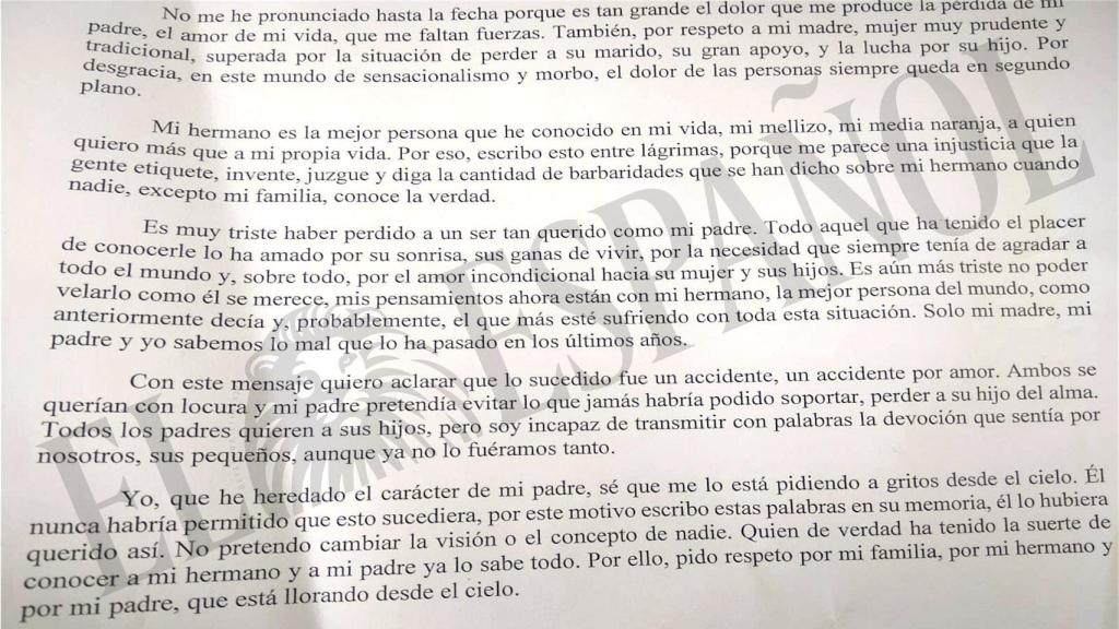 La carta que su hermana ha escrito para aclarar que lo sucedido