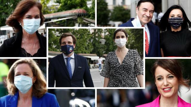 Carmen Calvo, Pedro J. Ramírez junto a Cruz Sánchez de Lara, Andrea Levy, Nadia Calviño, Isabel Díaz Ayuso y José Luis Martínez-Almeida en montaje de JALEOS.