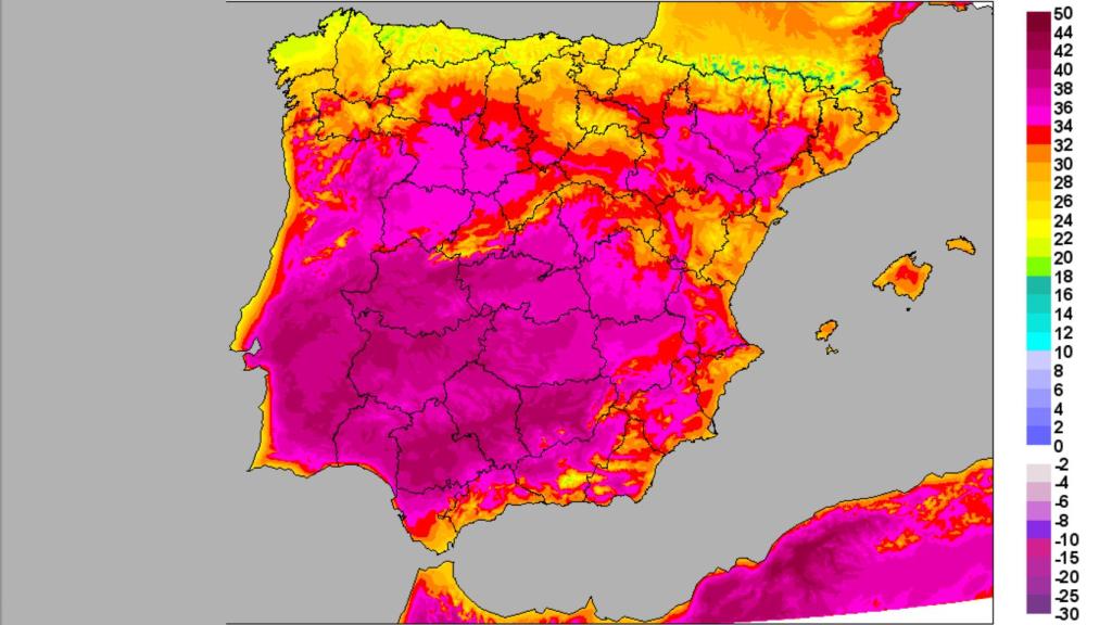 Anomalías de temperaturas máximas para el primer domingo de julio. AEMET-SINOBAS.