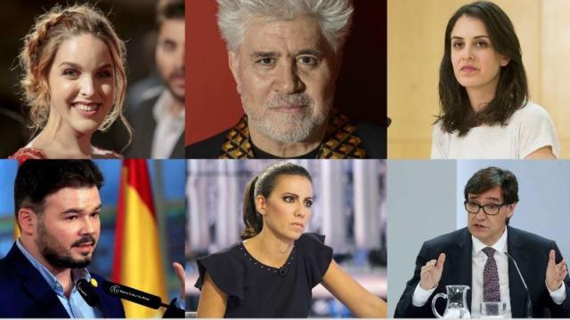 De izquierda a derecha: Amarna Miller, Pedro Almodóvar, Rita Maestre, Gabriel Rufián, Ana Pastor y Salvador Illa.