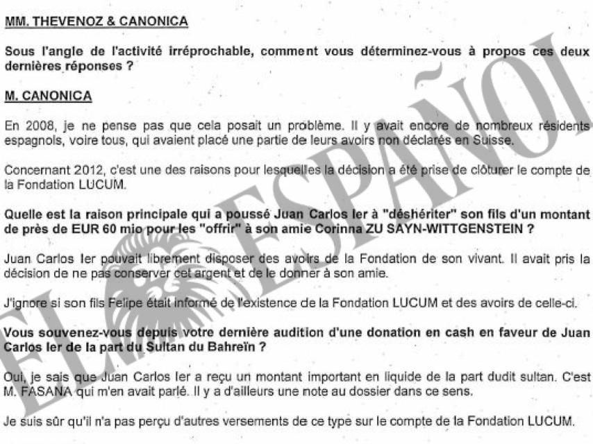 Parte de la comparecencia de Canónica, Fasana y Thévenoz ante el fiscal Bertossa./