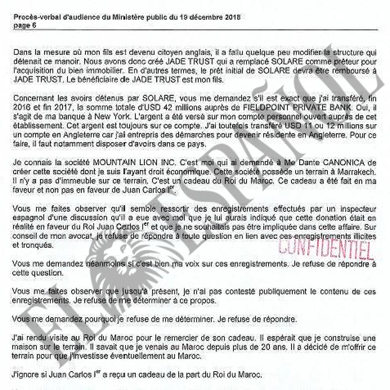 Parte de la declaración de Corinna Larsen ante el fiscal Bertossa./