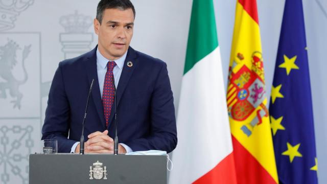 Pedro Sánchez durante la rueda de prensa conjunta con el primer ministro italiano, Giuseppe Conte.