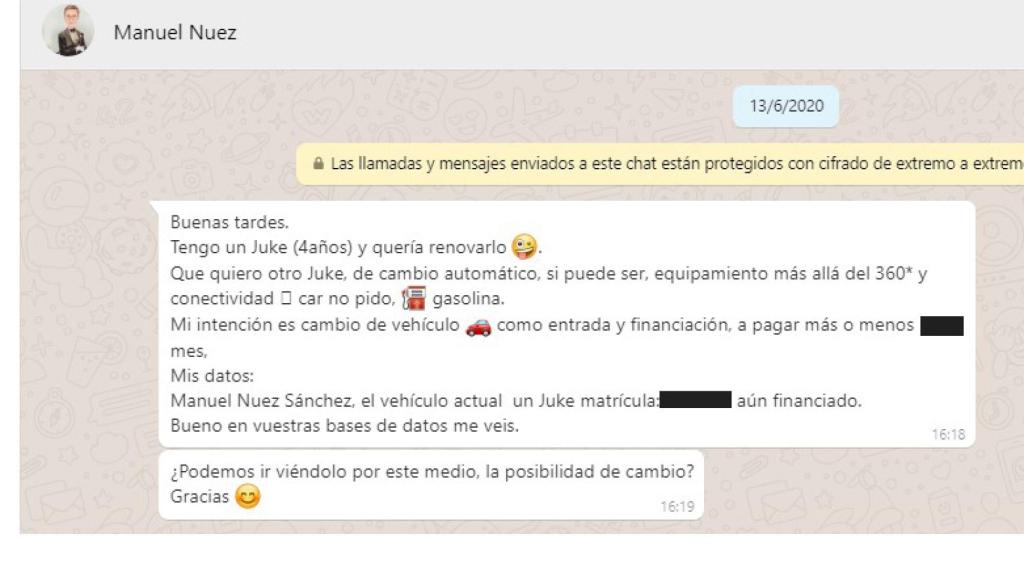 El mensaje inicial del cliente de la marca por WhatsApp.