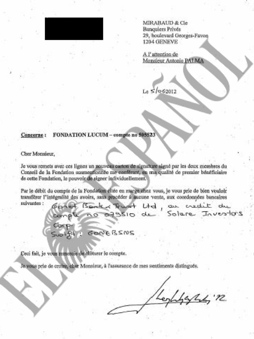 Carta de Don Juan Carlos al presidente de la banca Mirabaud./
