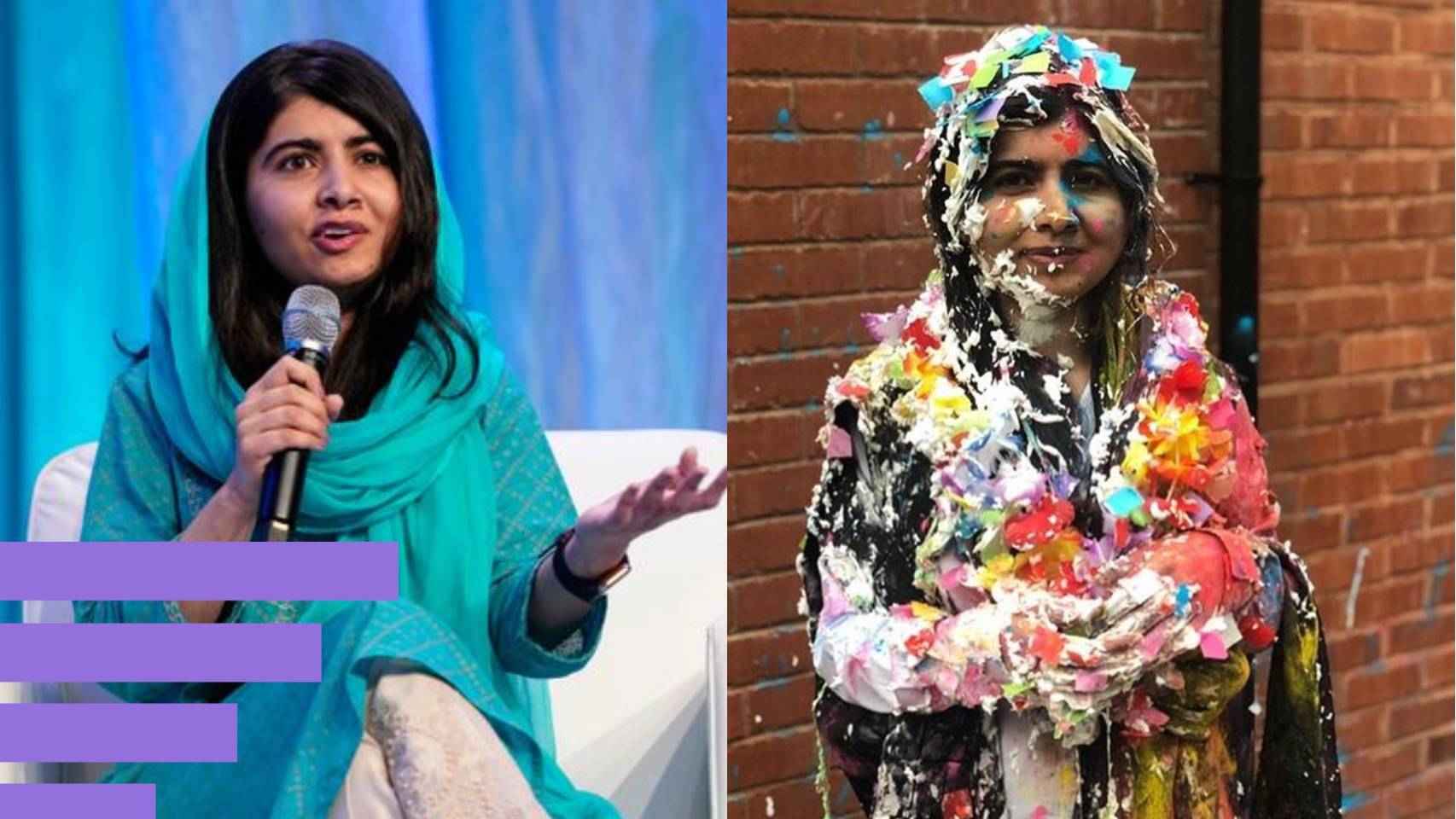 Malala, a la izquierda durante una conferencia en 2019, y a la derecha después de una tradición por la que los estudiantes se tiran confeti y espuma al terminar los exámenes.