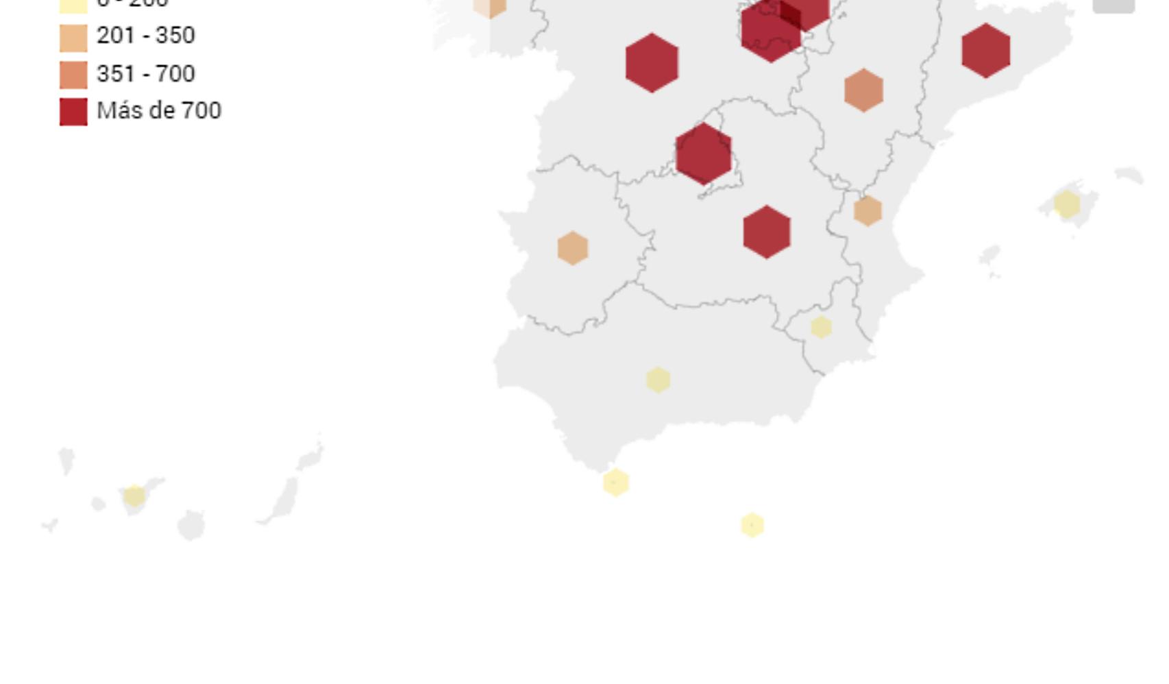 Contagiados por 100.000 habitantes por provincia. EL ESPAÑOL.