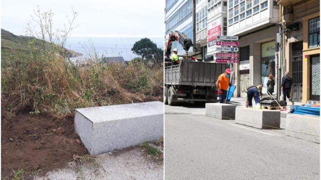 Los bloques de piedra de O Portiño son colocados en los Cantones