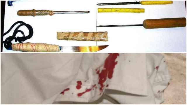 Arriba, armas artesanales que fabrican los presos para pelear, debajo, una bata manchada de sangre tras una reyerta.