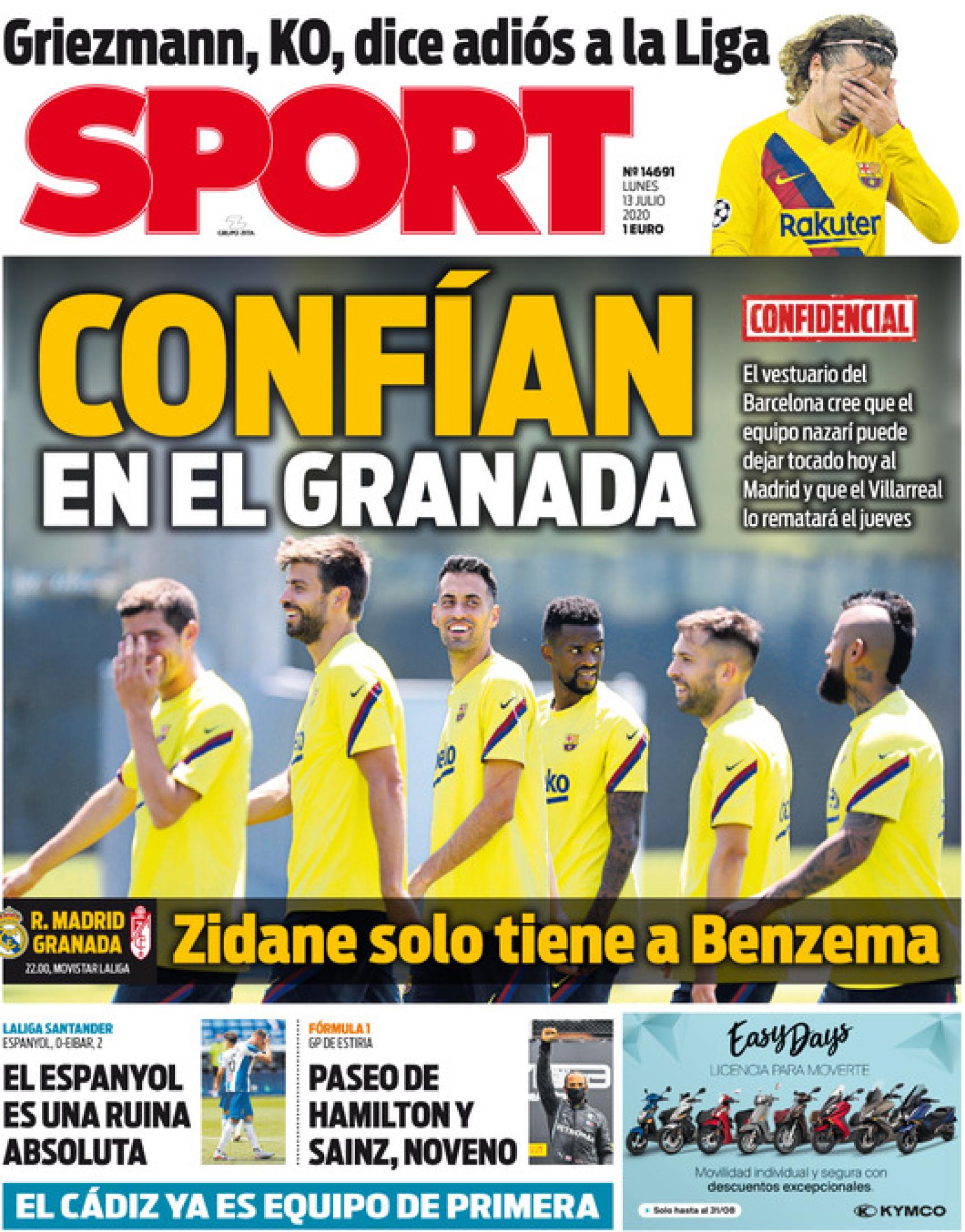 La portada del diario Sport (13/07/2020)