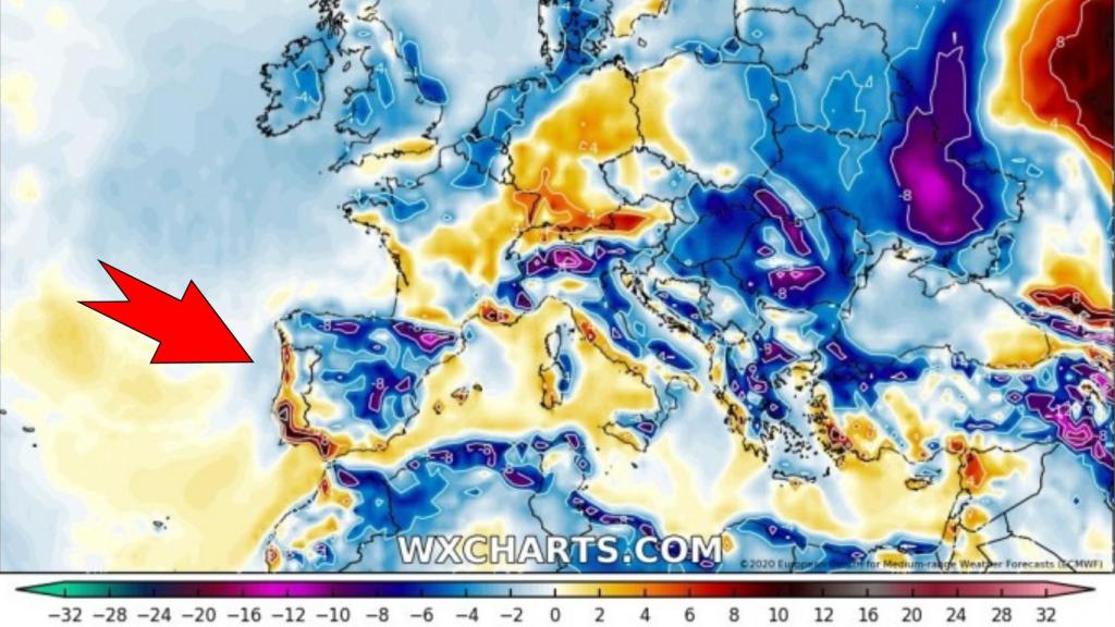 Anomalía de bajas temperaturas causada por la vaguada. Severe-weather.eu.
