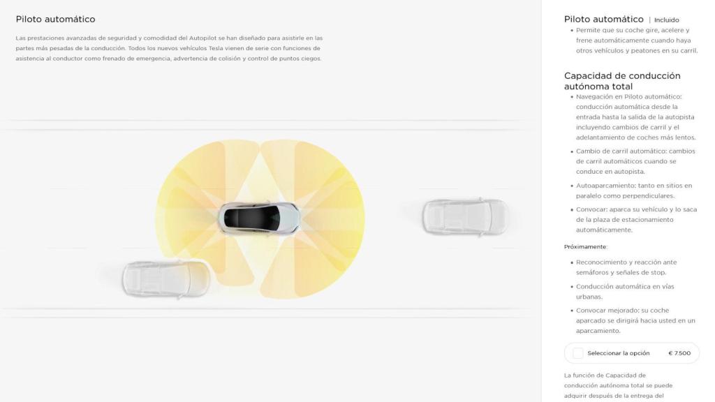 La página web de Tesla para España promete Capacidad de conducción autónoma total