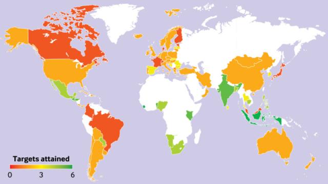 Nivel de éxito al alcanzar los objetivos de salud y sostenibilidad según países.