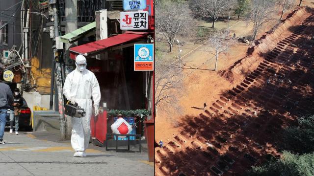 Desinfección de una calle en Seúl (izqda) y nuevas tumbas cavadas en Sudáfrica (drcha).