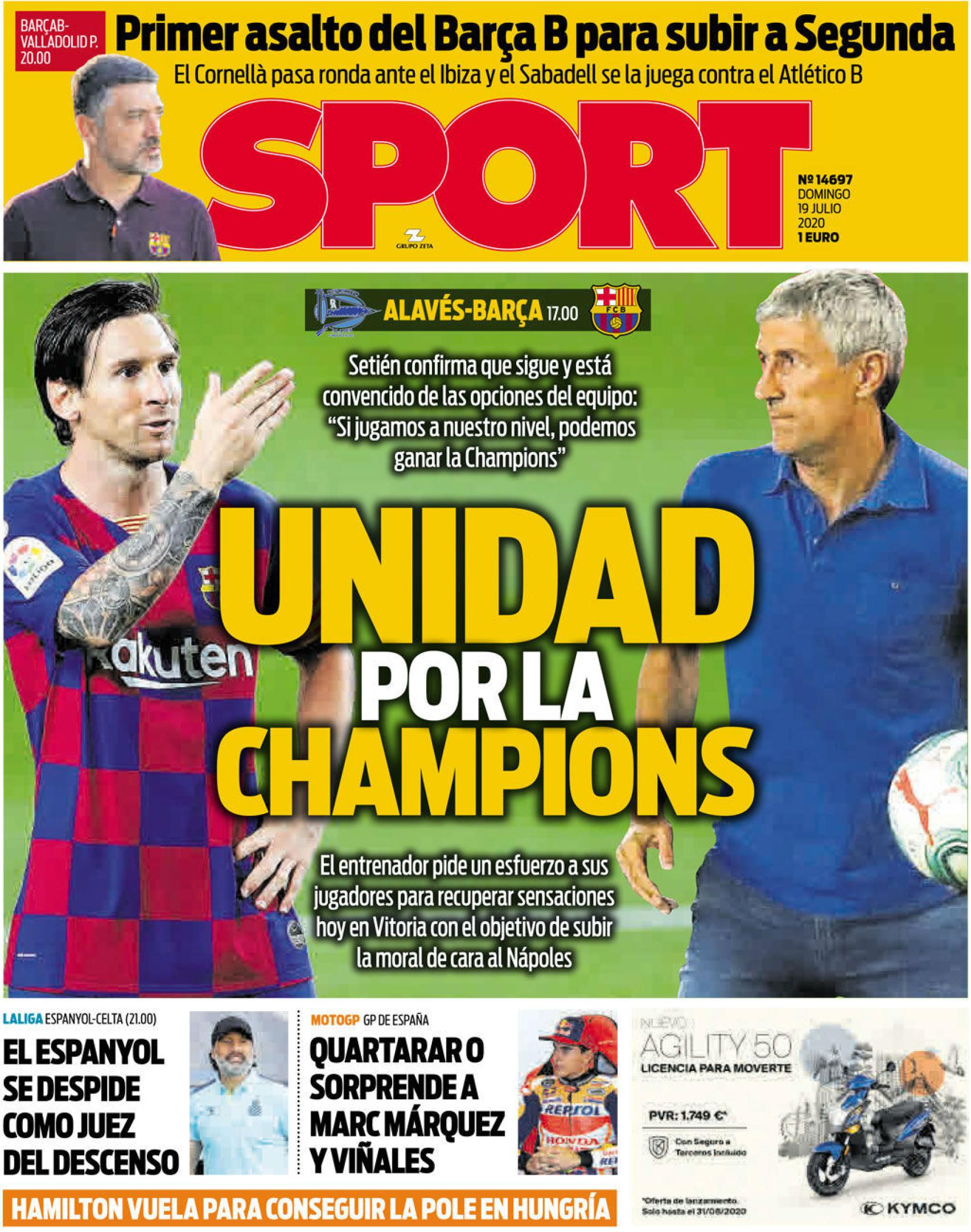 La portada del diario Sport (19/07/2020)