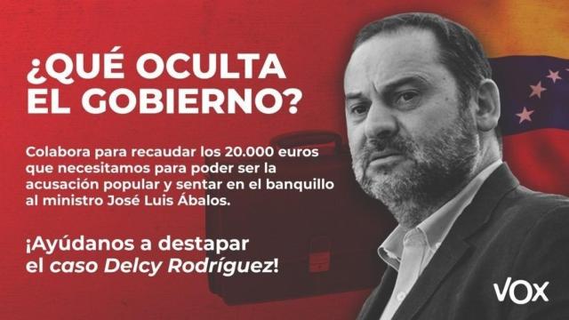 Campaña de 'crowfunding' de Vox para ser acusación popular en el 'Caso Delcy'.