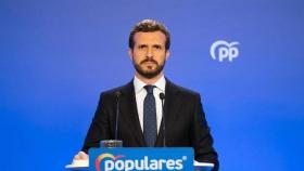 El presidente del PP, Pablo Casado, en la sede de Génova.