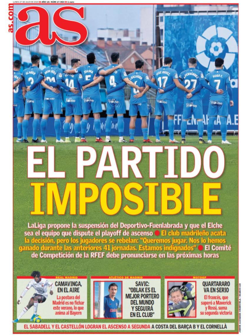 La portada del diario AS (27/07/2020)