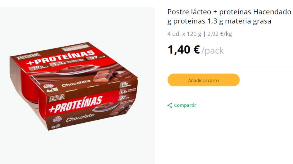 Postre lácteo con proteínas Hacendado sabor chocolate.