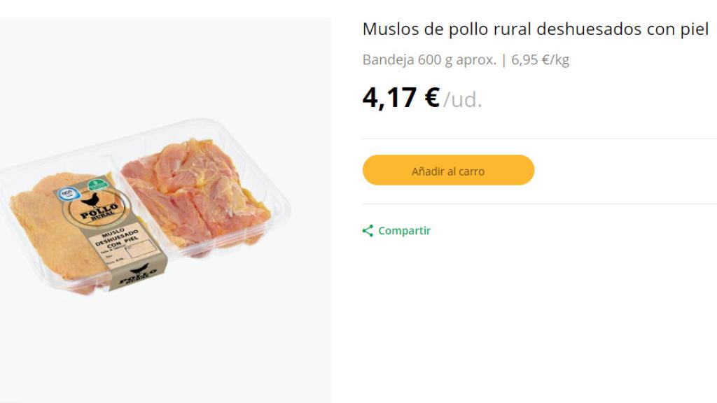 Muslos de pollo rural deshuesados con piel.