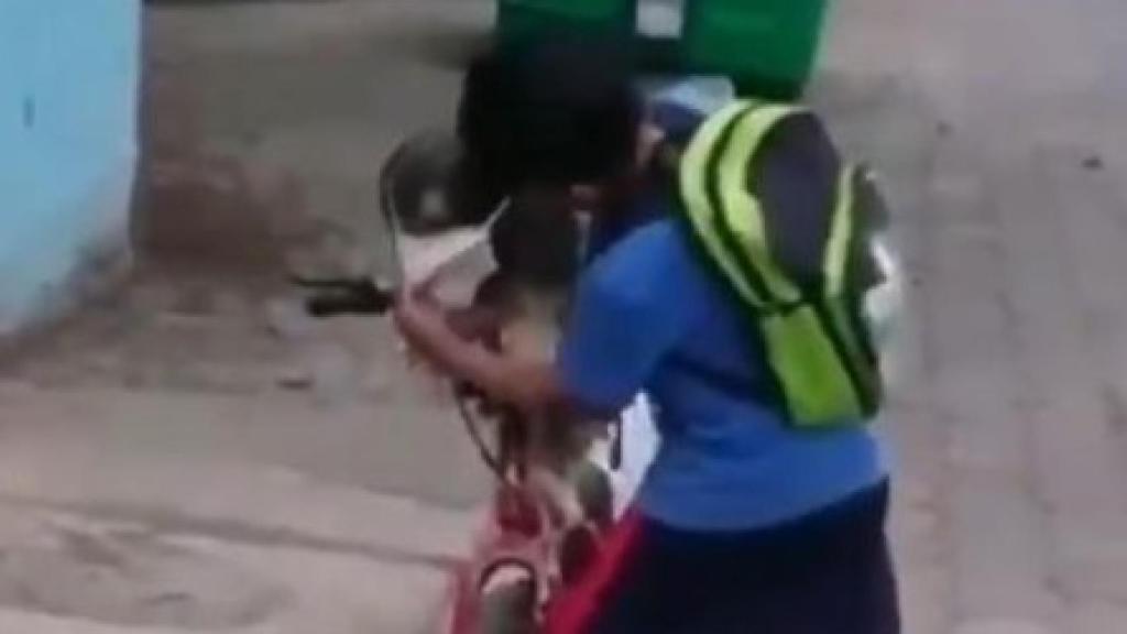 Anthony poniendo la mascarilla a su perro.