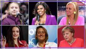 Por orden: Greta Thunberg, Michelle Obama, Belén Esteban, Rosalía, Mireia Belmonte y Angela Merkel.