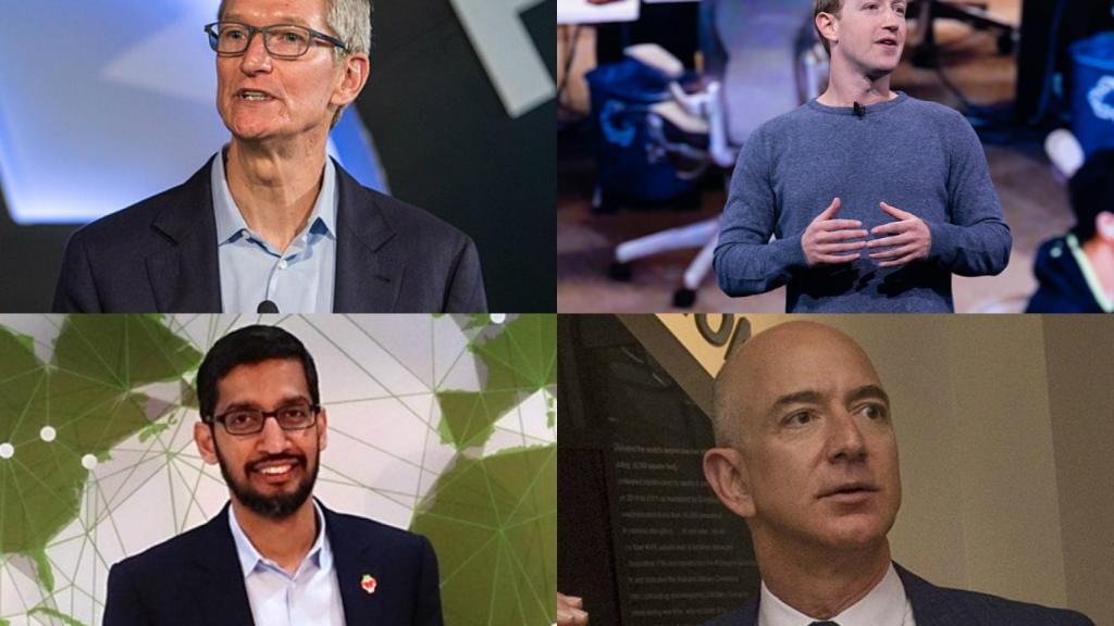 De izquierda a derecha empezando por arriba Tim Cook (Apple), Mark Zuckerberg (Facebook), Sundar Pichai (Alphabet, matriz de Google) y Jeff Bezos (Amazon).