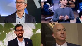 De izquierda a derecha empezando por arriba Tim Cook (Apple), Mark Zuckerberg (Facebook), Sundar Pichai (Alphabet, matriz de Google) y Jeff Bezos (Amazon).