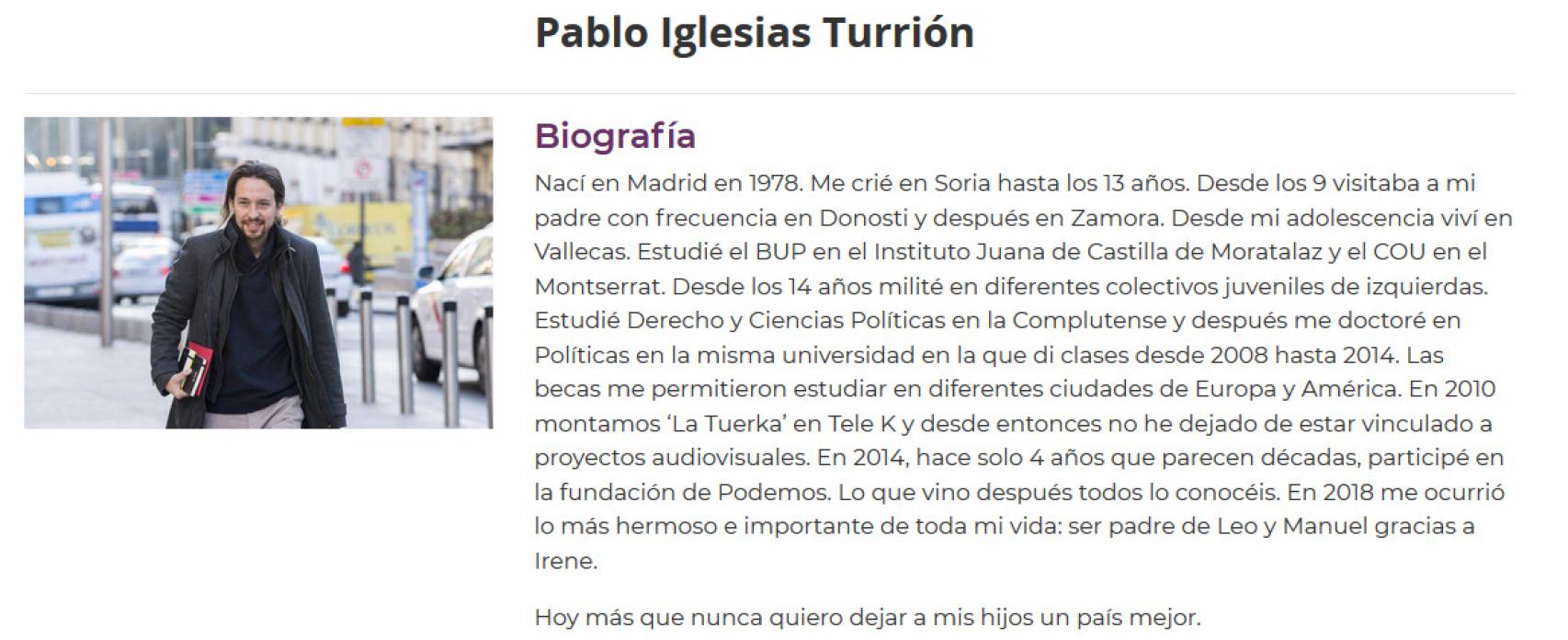 Biografía de Pablo Iglesias en la web oficial de Podemos. Admite haber estudiado el COU en el centro concertado Montserrat Fuhem.