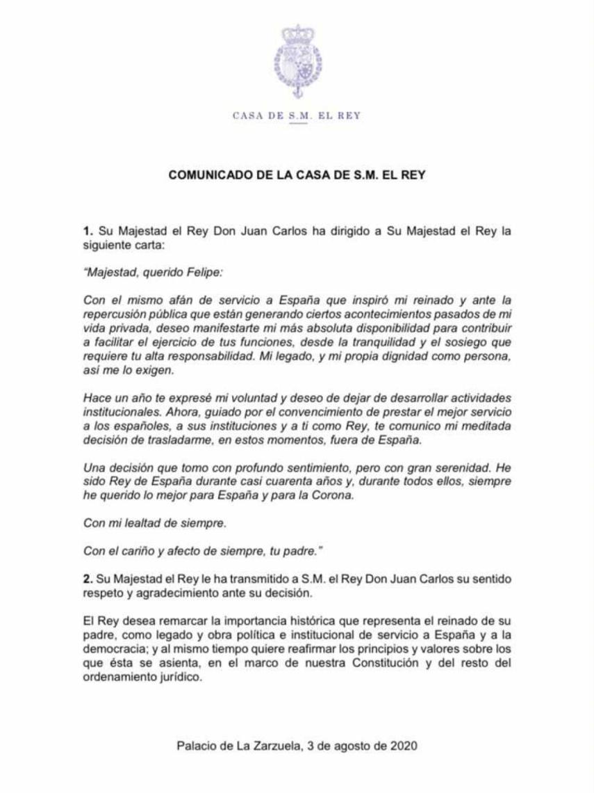 Comunicado del rey Juan Carlos.