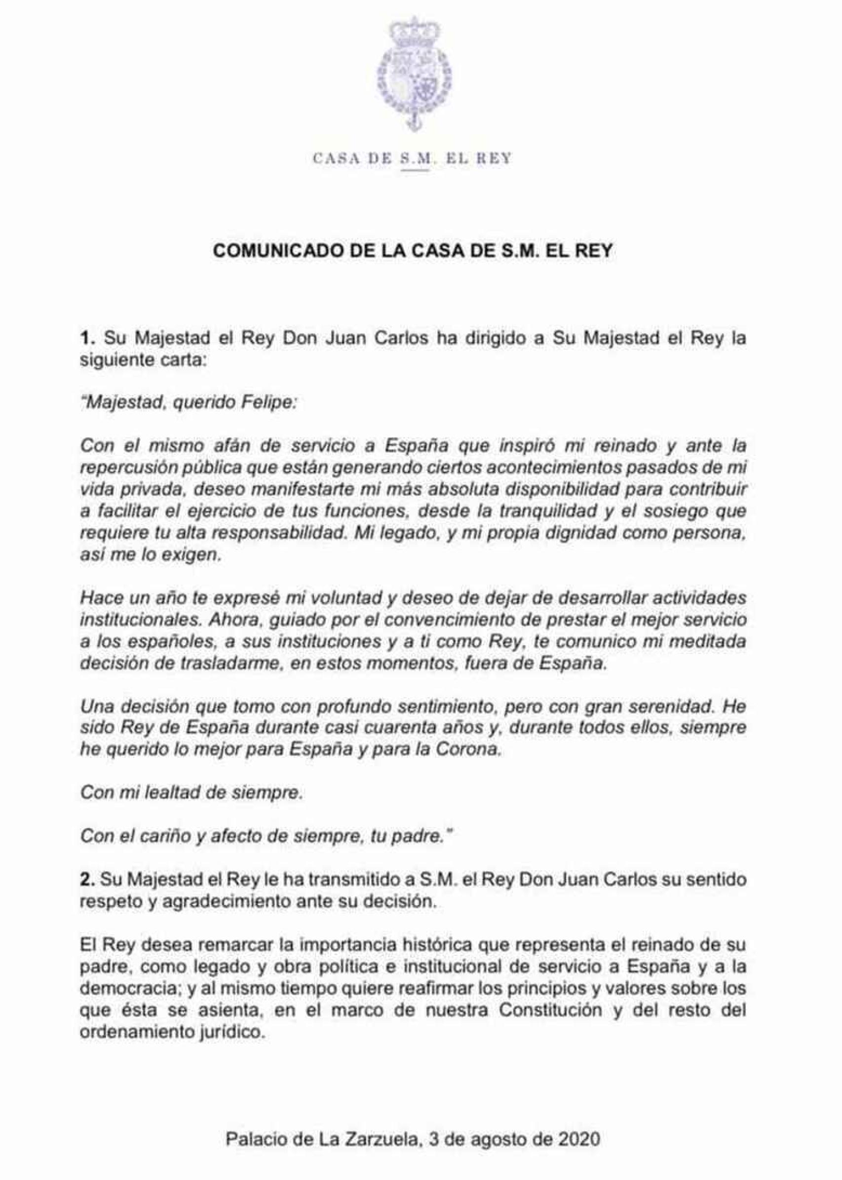 Comunicado del rey Juan Carlos.