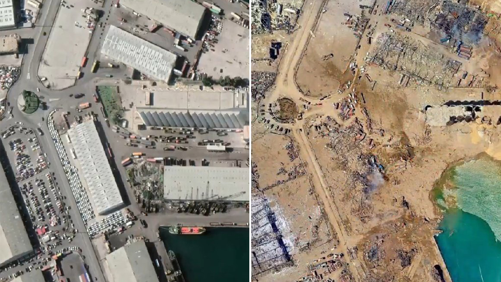 El antes y el después de la zona de las explosiones en Beirut.