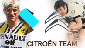 Laurent Fignon, el logo del nuevo AG2R Citroen Team y Bernard Thevenet