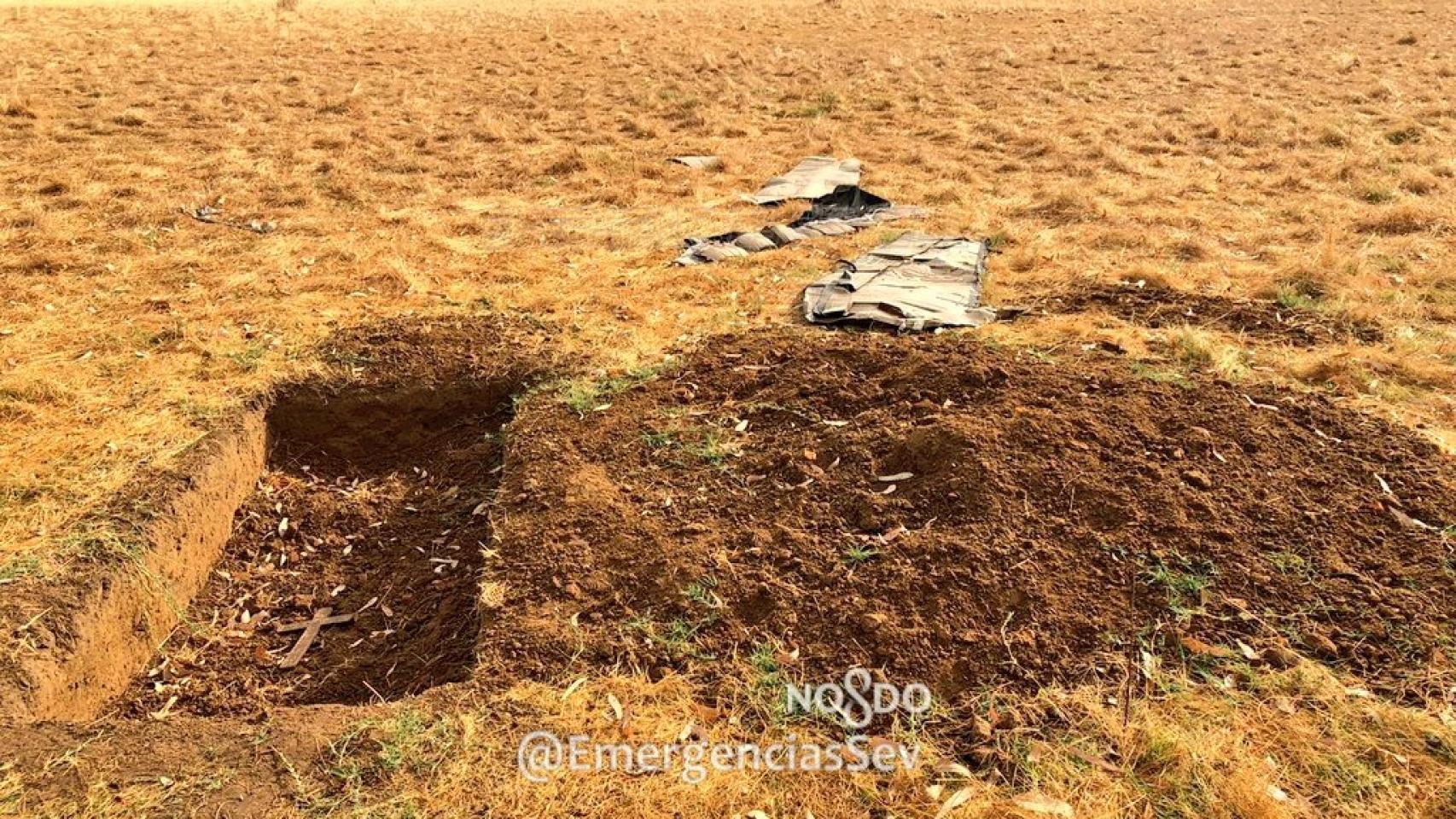 La fosa con el ataúd de cartón hallado en un descampado de Sevilla.