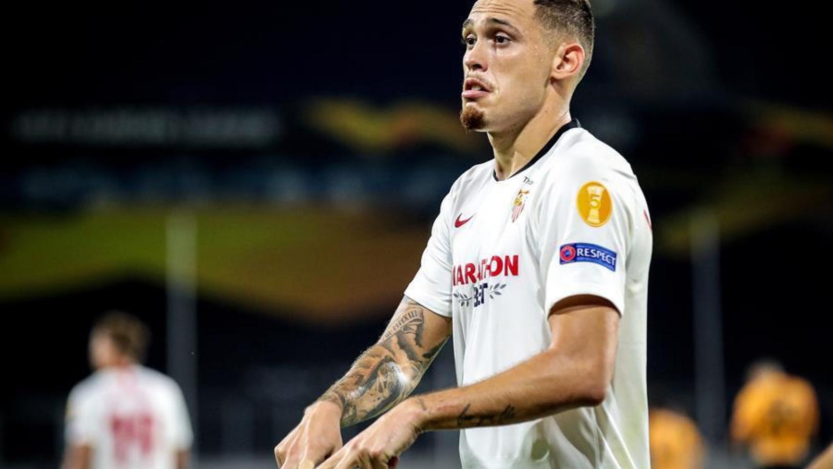 Lucas OCampos celebra su gol con el Sevilla ante el Wolverhampton en la Europa League