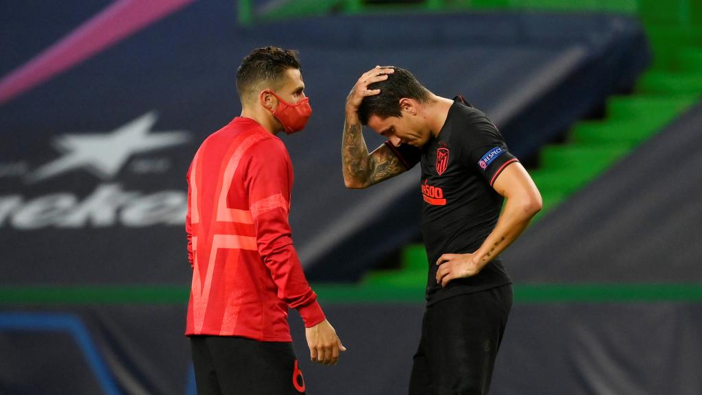 José María Giménez y Koke Resurrección, durante el partido de la Champions League entre el RB Leipzig y el Atlético de Madrid