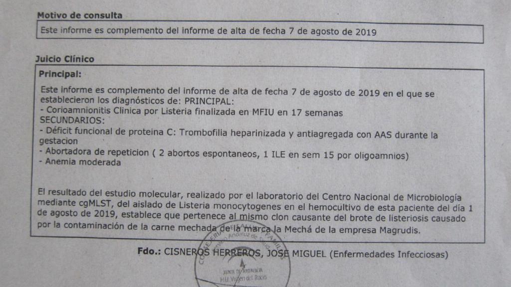 Informe médico del doctor Cisneros sobre la listeria.