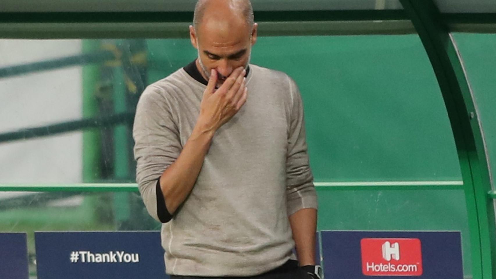 Pep Guardiola, durante el partido entre el Manchester City y el Olympique de Lyon