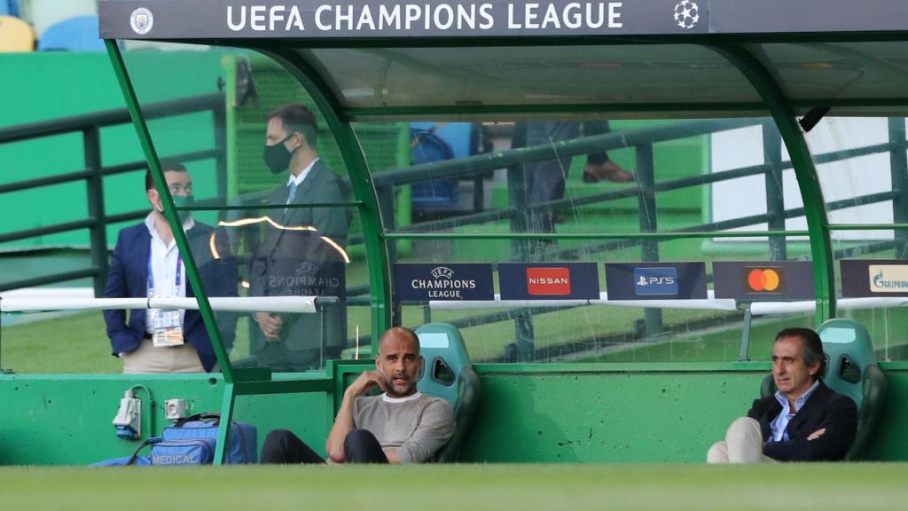 Pep Guardiola, en el partido entre el Manchester City y el Olympique de Lyon