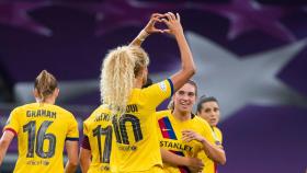 Kheira Hamraoui celebra el tanto del Barça ante el Atlético de Madrid en la Women's Champions League